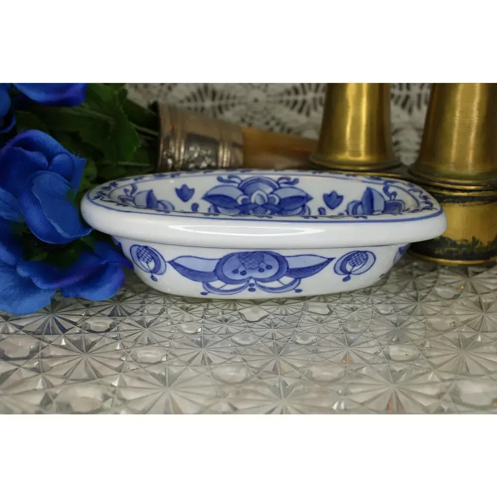 Blue Floral Bath Tub Shaped Ceramic Trinket Tray